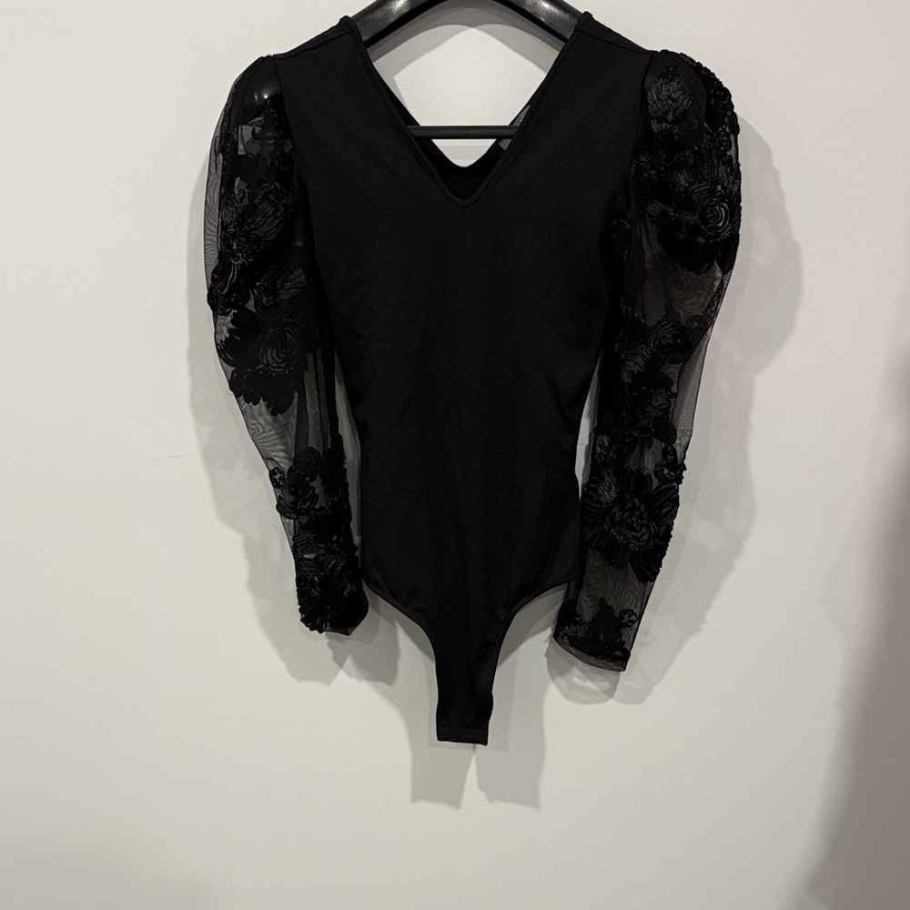 Black Bodysuit with Sheer Floral Sleeves